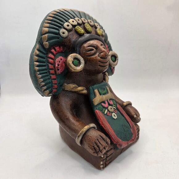Vintage Mexican Hand Painted Clay Aztec Style Figure Statue 6.5" Folk Art - Picture 2 of 16